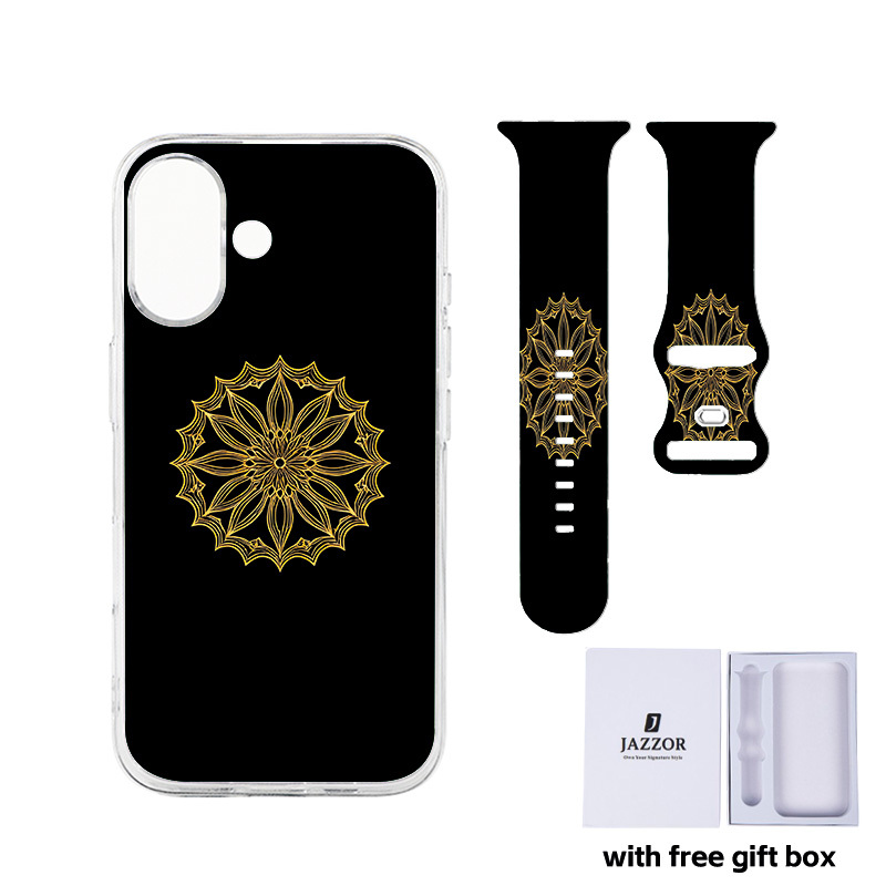 Chic Golden Patterns Unisex Silicone Watch Set, Gift Box